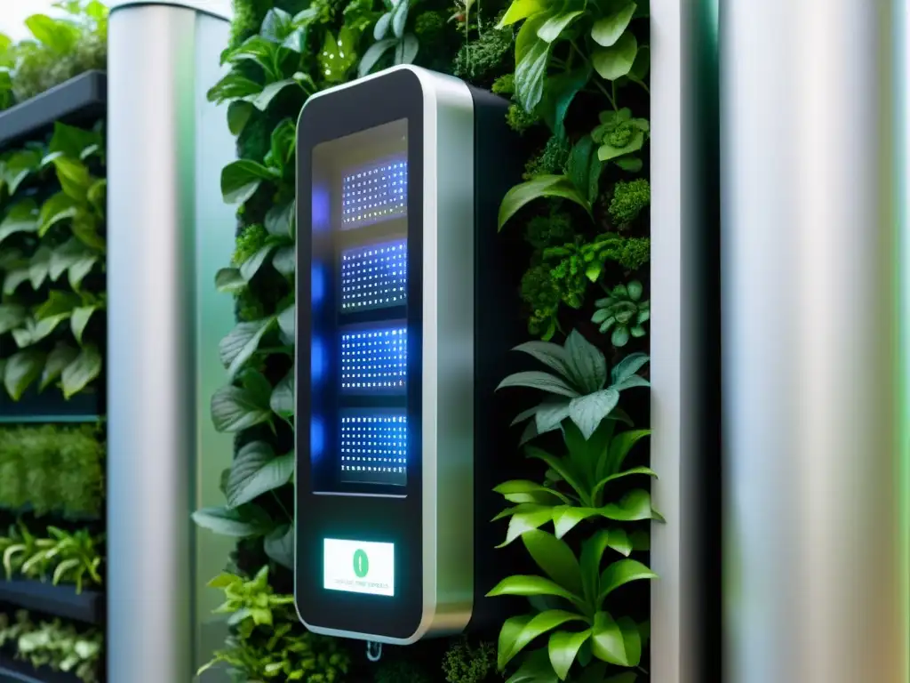 Un sistema de monitoreo de jardín vertical de alta tecnología muestra datos en tiempo real de temperatura, humedad y niveles de humedad del suelo