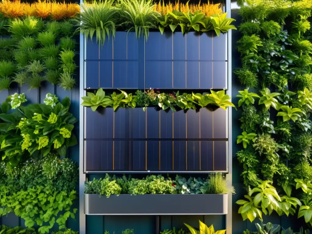 Energía solar y jardín vertical: Innovación sostenible Un sistema de paneles solares verticales modernos en un jardín vertical exuberante, con el sol iluminando los paneles y las plantas