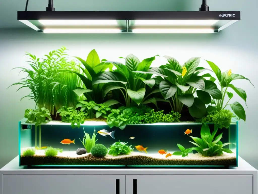 Un sistema de acuaponía próspero, con plantas exuberantes y agua cristalina, destaca el balance adecuado en acuaponía