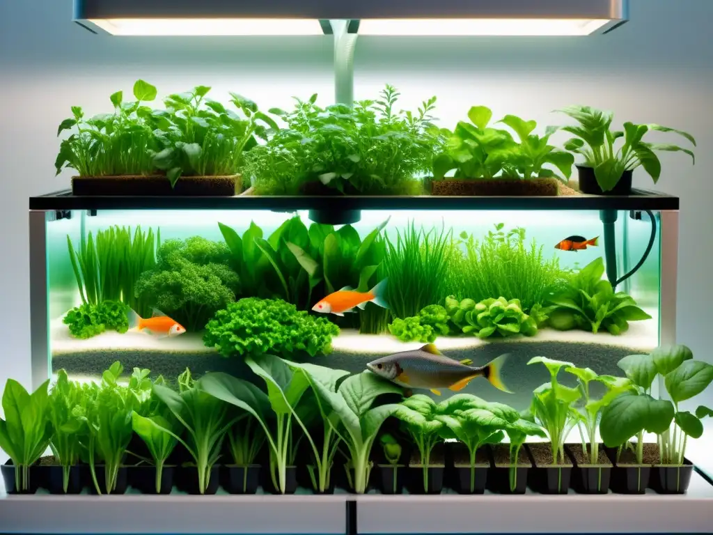 Un sistema de acuaponía próspero con plantas exuberantes y peces vibrantes en proporción ideal de nutrientes