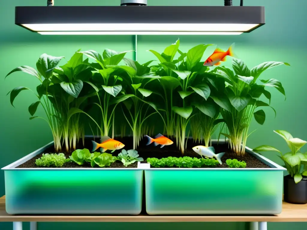 Un sistema próspero de acuaponía con plantas exuberantes y peces coloridos