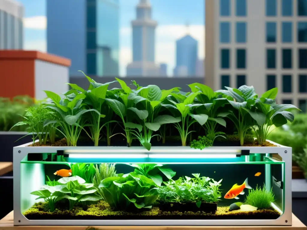 Un sistema próspero de acuaponía urbana con plantas exuberantes y peces vibrantes, en contraste con un horizonte urbano moderno