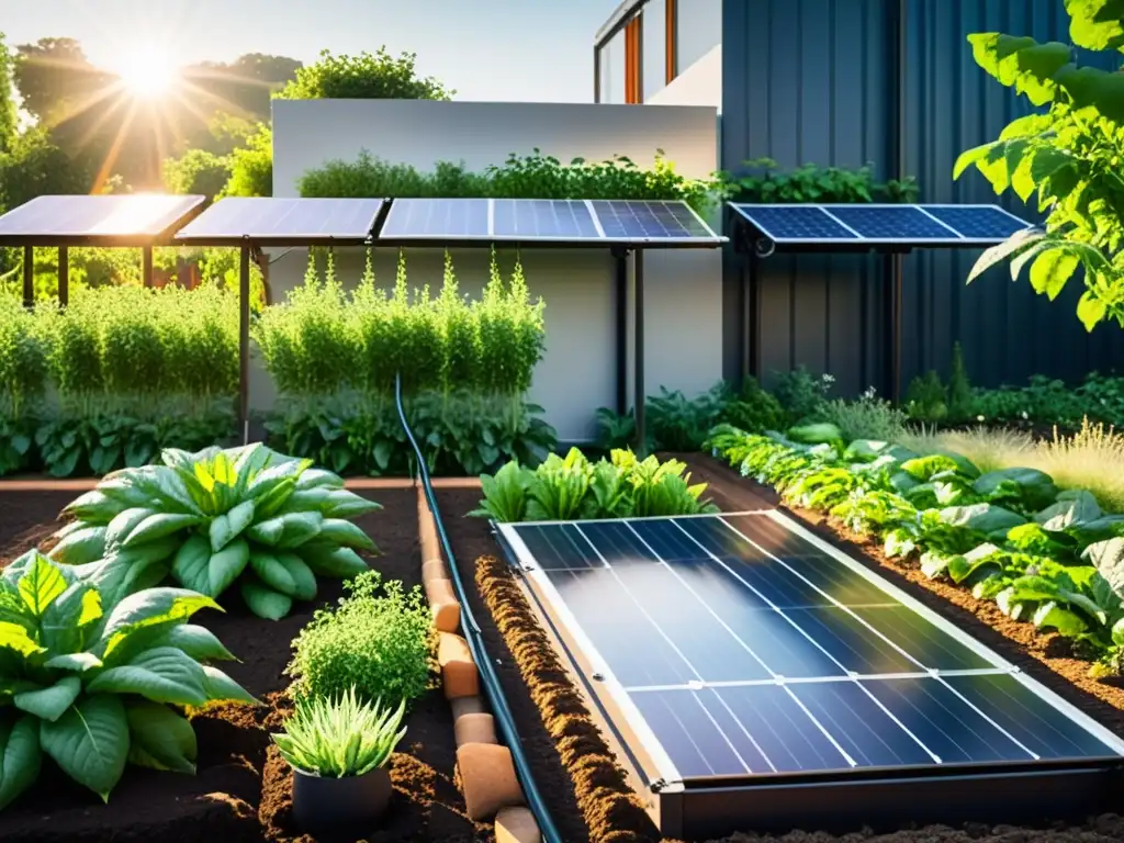 Un sistema de riego ecológico para huertos urbanos con paneles solares, irrigando un jardín urbano exuberante