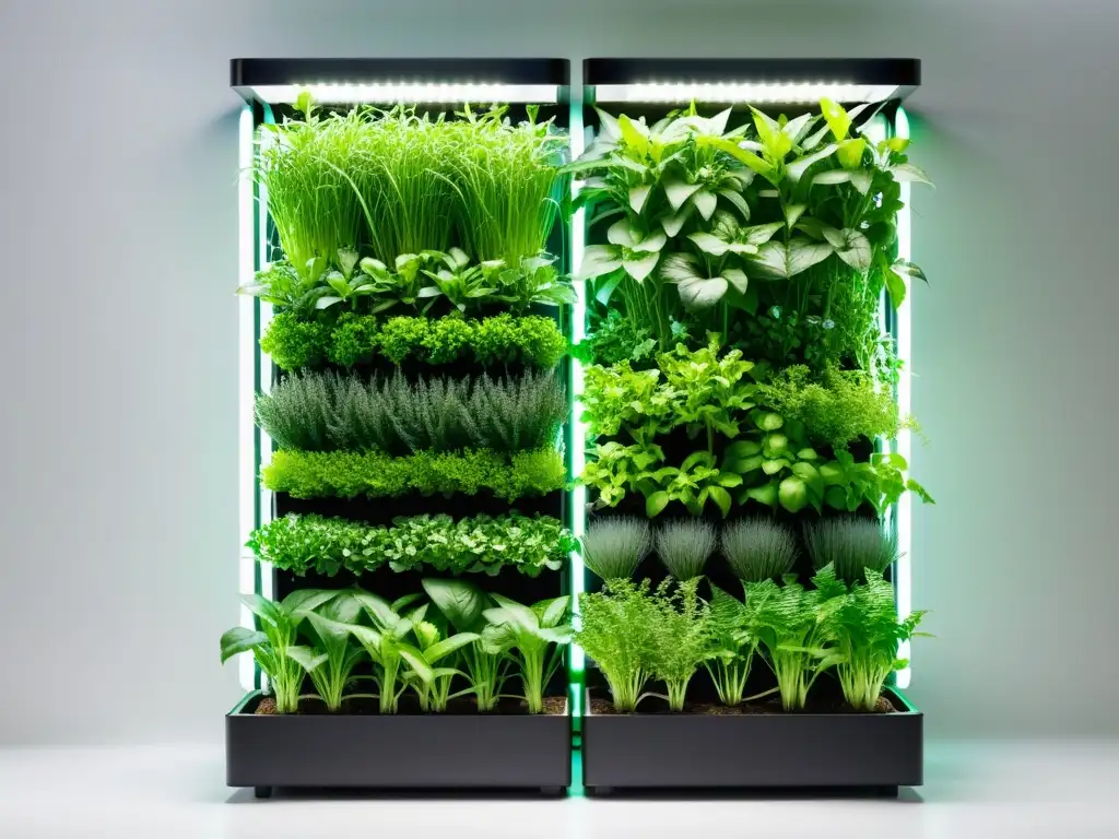 Sistema de riego inteligente para huertos verticales con plantas vibrantes en moderno jardín hidropónico de diseño elegante