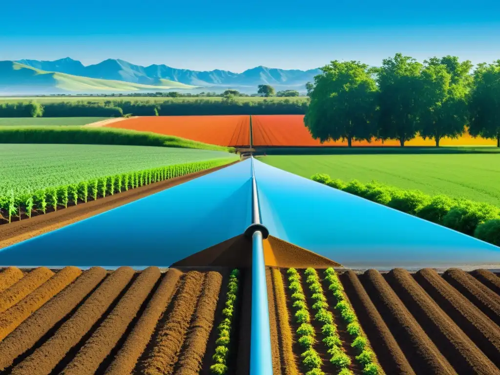 Un sistema de riego inteligente con sensores en un paisaje de campos verdes y cielos azules