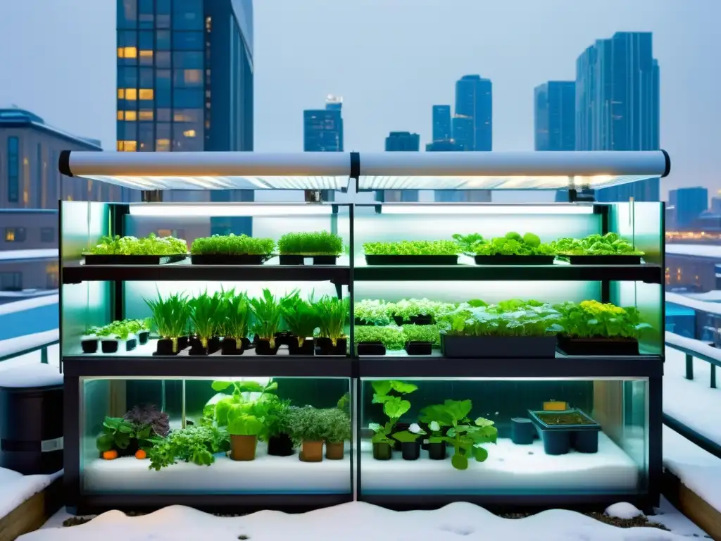 Acuaponía urbana: naturaleza y tecnología en armonía Un sistema de acuaponía urbana en clima frío, con diseño futurista y vegetación próspera, contrastando con la ciudad nevada