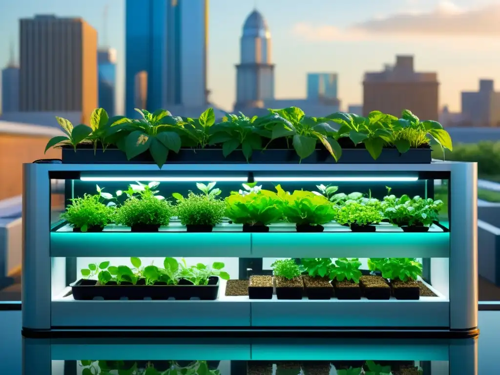 Un sistema de acuaponía urbana futurista con tecnología avanzada y vibrante vegetación