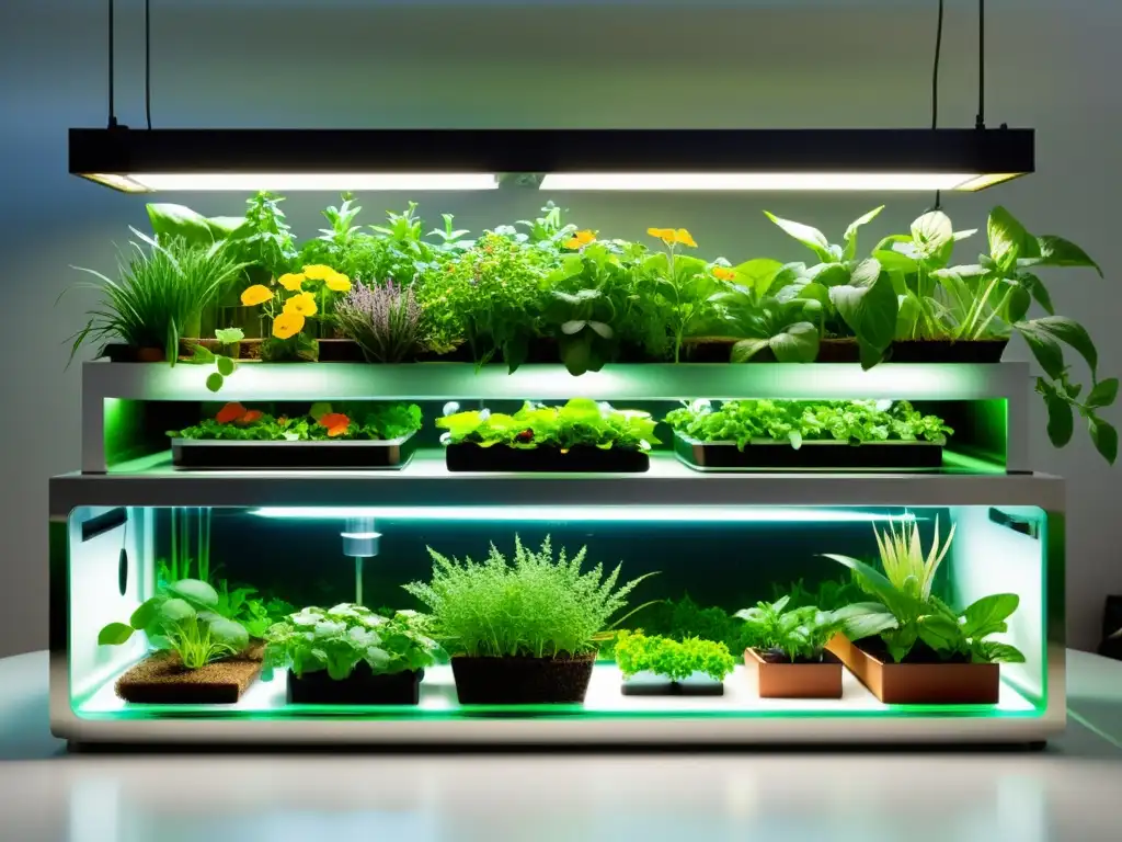 Un sistema de acuaponía urbana en un hogar familiar, con tanques de peces, vegetación exuberante y diseño minimalista