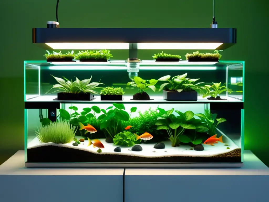 Un sistema de acuaponía urbana moderna con tanques de peces acrílicos y vegetación exuberante