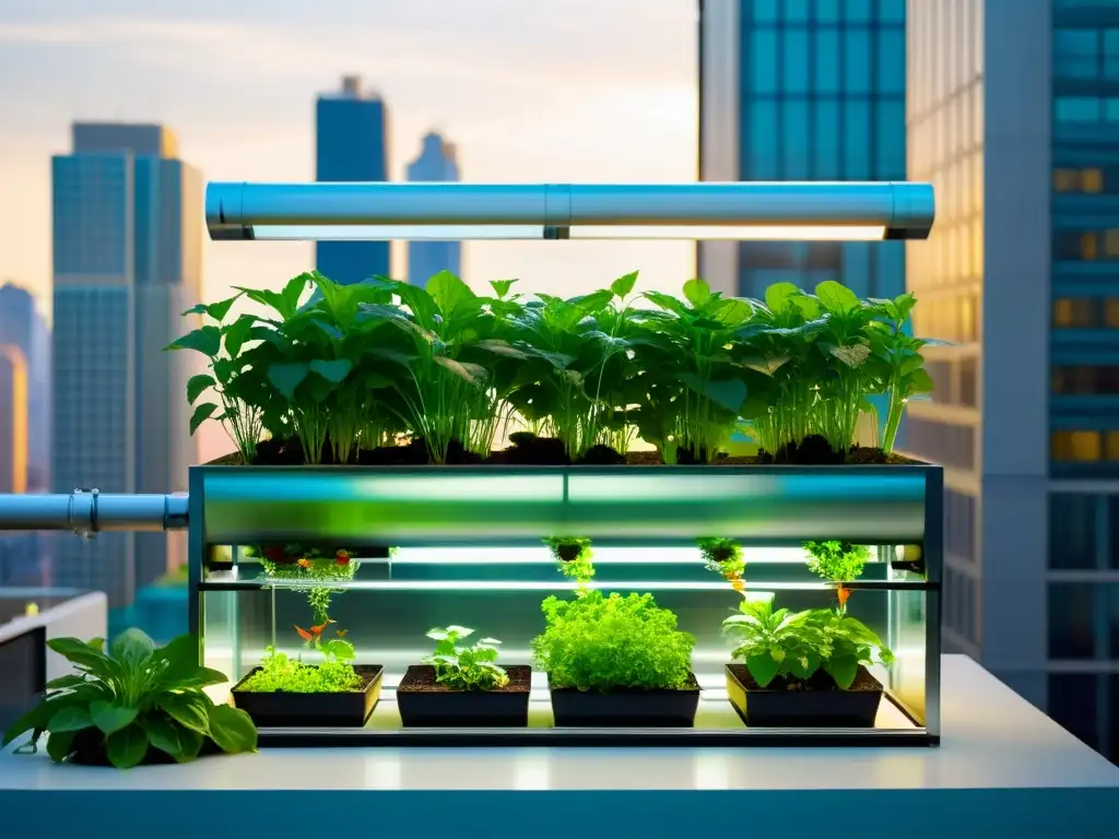 Un sistema de acuaponía urbana moderno con diseño minimalista, integrando vegetación exuberante y peces prósperos