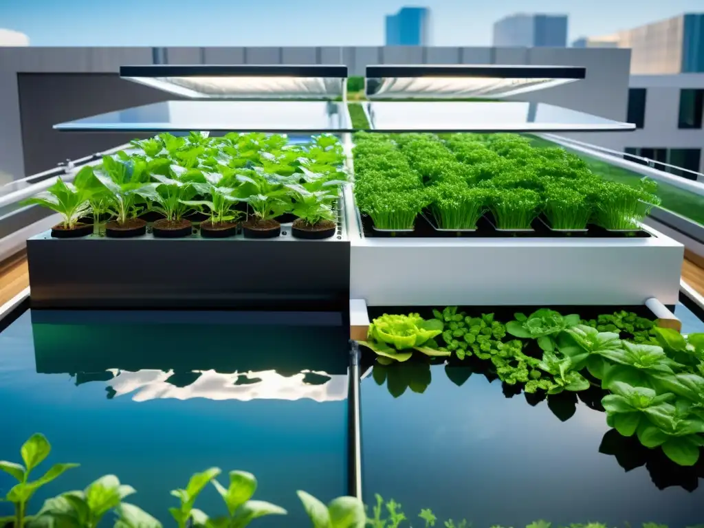 Un sistema de acuaponía urbana moderno y elegante, integrado en el paisaje urbano, destaca la gestión del agua en acuaponía urbana con diseño innovador y vibrante vegetación