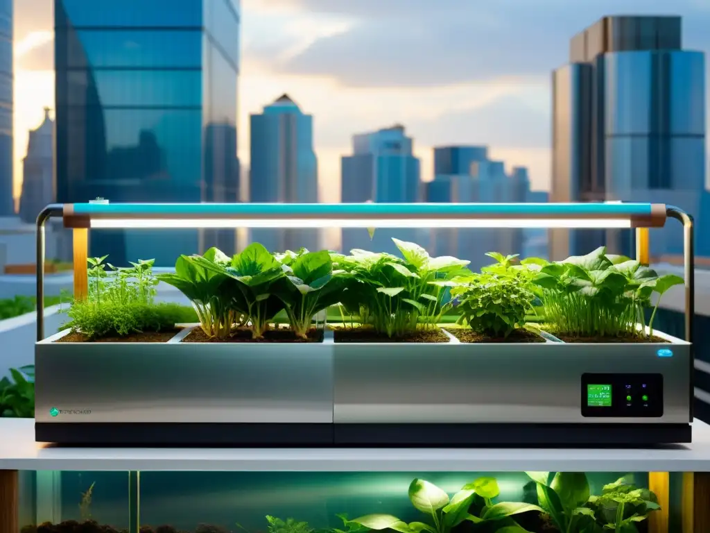 Un sistema de acuaponía urbana moderno y futurista, con vegetación exuberante, tanques de peces y sistema de filtración integrado
