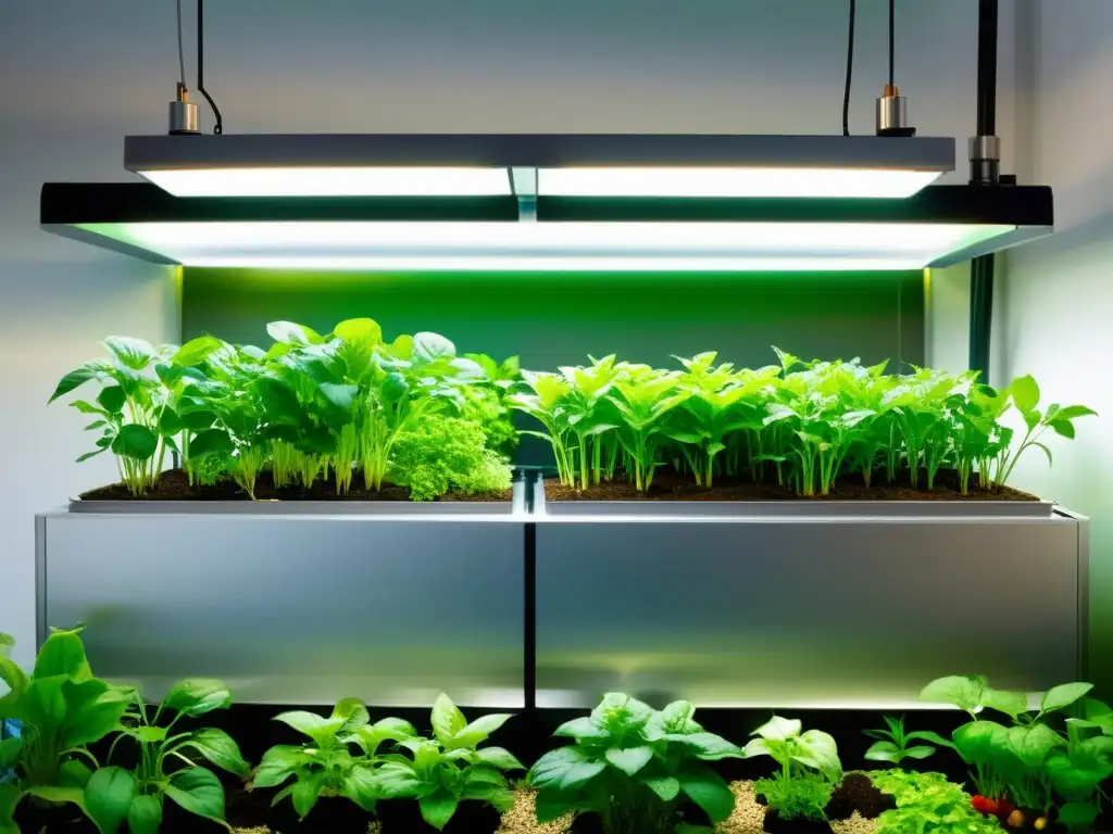 Un sistema de acuaponía urbana moderno y ordenado con plantas exuberantes, evocando innovación y seguridad alimentaria en acuaponía urbana