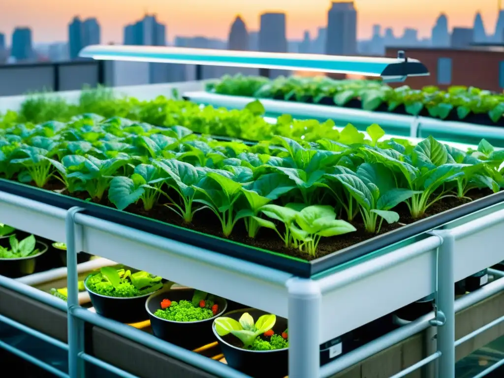 Un sistema de acuaponía urbana moderno y sofisticado, con vegetales verdes exuberantes y peces saludables en agua cristalina