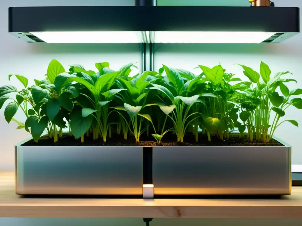 Un sistema de acuaponía urbana moderno suplementando hierro de forma eficiente, con diseño minimalista y plantas exuberantes