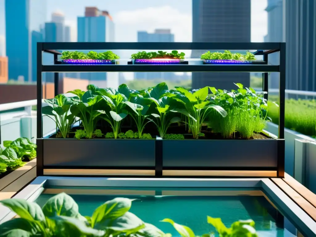 Un sistema de acuaponía urbana moderno con tanques de peces vibrantes y plantas acuáticas exuberantes en un jardín en la azotea