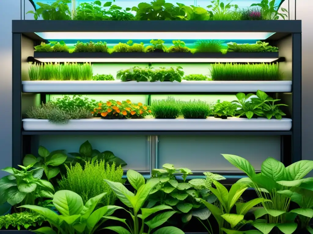 Un sistema de acuaponía urbana moderno y vibrante con plantas exuberantes y peces saludables, destacando su diseño geométrico y sofisticado