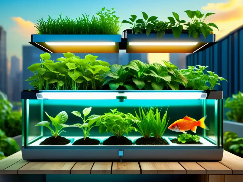 Un sistema de acuaponía urbana moderno y vibrante, con plantas exuberantes y peces coloridos