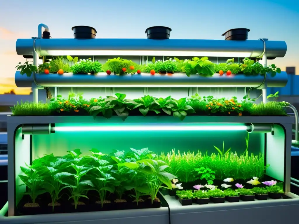 Un sistema de acuaponía urbana moderno y vibrante, con vegetación exuberante y peces coloridos, tecnología avanzada y una integración perfecta en el entorno urbano