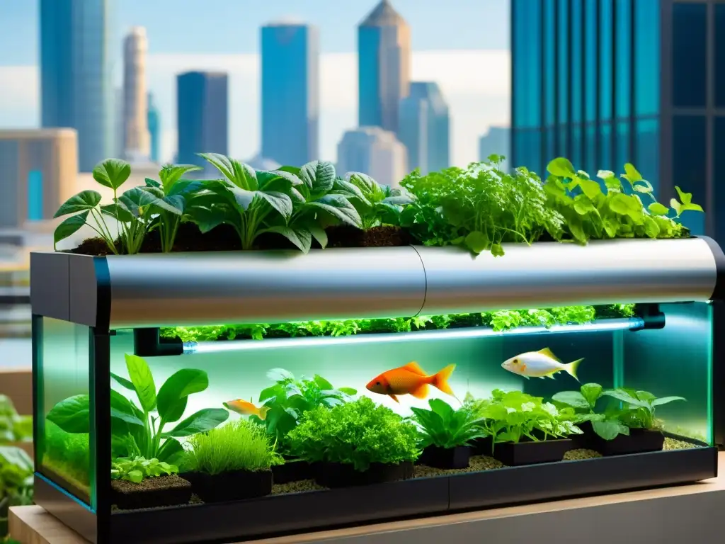 Un sistema de acuaponía urbana moderno y vibrante con plantas exuberantes y peces prósperos, en contraste con la bulliciosa ciudad