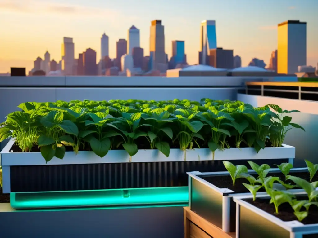 Un sistema de acuaponía urbana con plantas verdes exuberantes, tanques de peces modernos y el telón de fondo del horizonte de la ciudad al atardecer