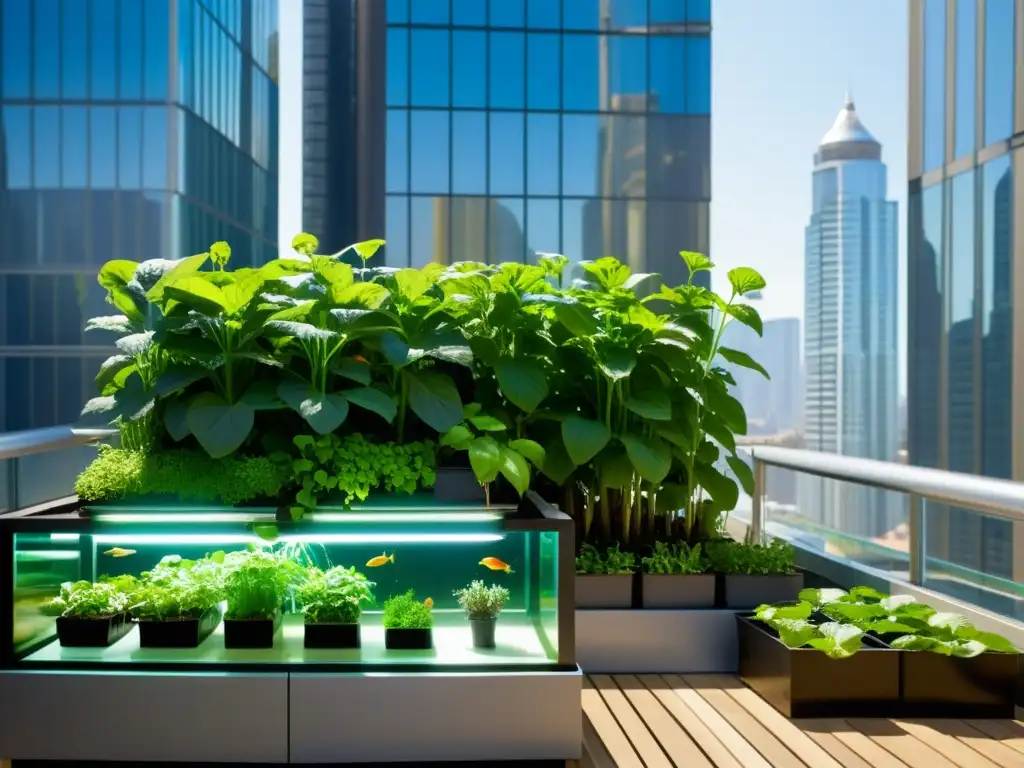 Un sistema de acuaponía urbana próspero con plantas exuberantes y peces en tanques claros