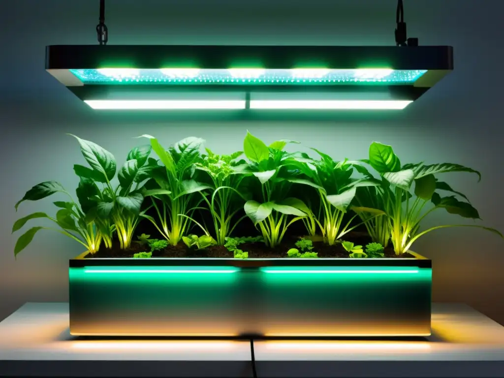 Un sistema de acuaponía urbana ultramoderno, con tanques metálicos y plantas exuberantes, iluminado por luces LED vibrantes