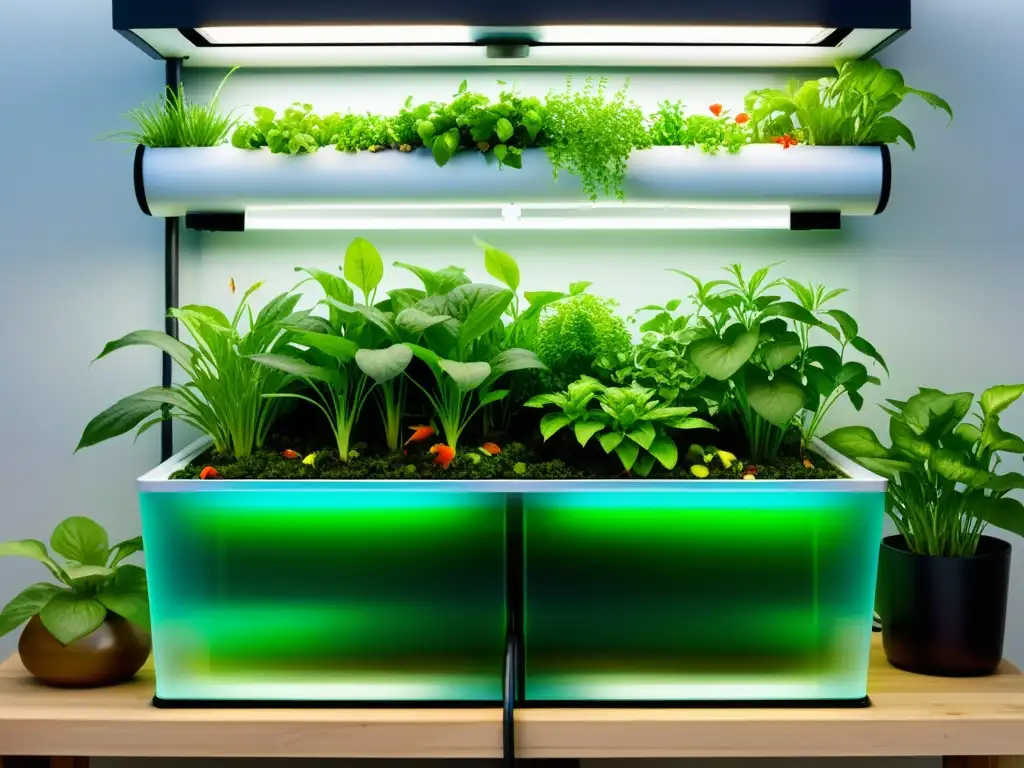 Un sistema de acuaponía urbana, con un jardín vertical exuberante y un tanque de peces vibrante