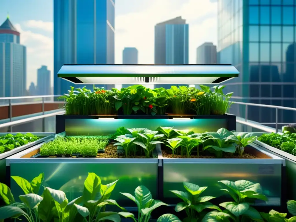 Un sistema de acuaponía urbana vibrante y moderno con plantas exuberantes y peces prósperos, rodeado de rascacielos futuristas