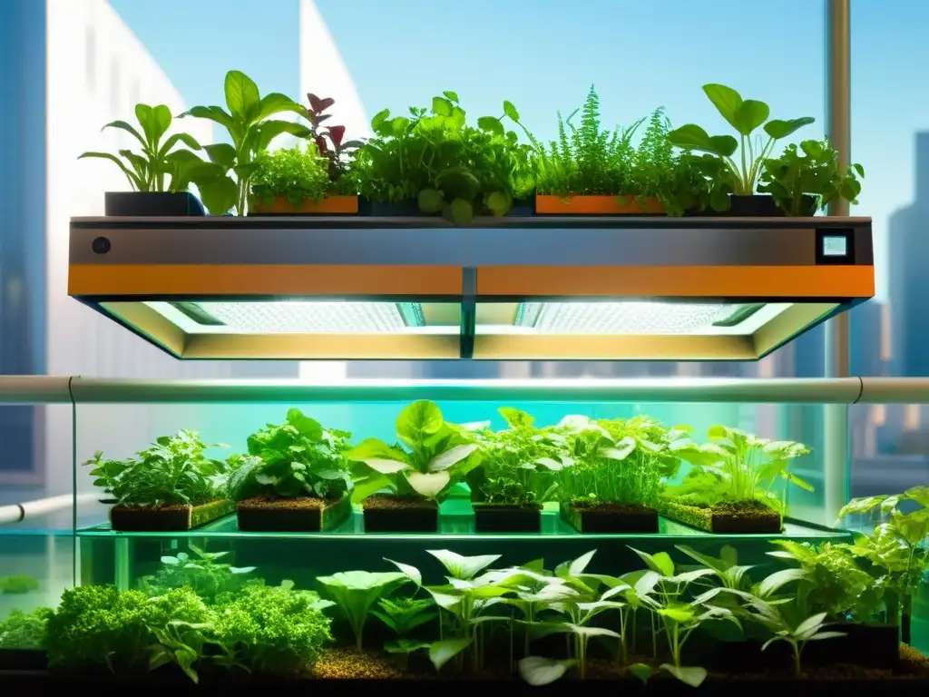 Un sistema de acuaponía urbana vibrante y sostenible con plantas exuberantes y peces vibrantes en tanques transparentes y futuristas