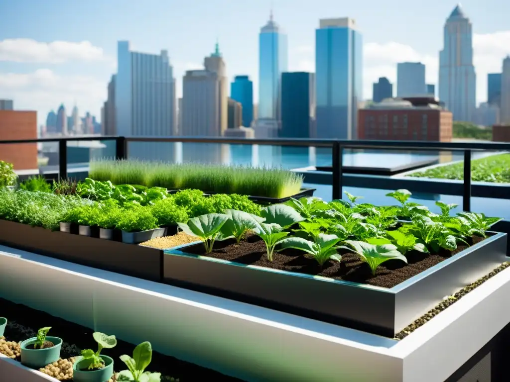 Construir sistema acuaponía urbano en un jardín de azotea moderno, con plantas exuberantes y la ciudad de fondo