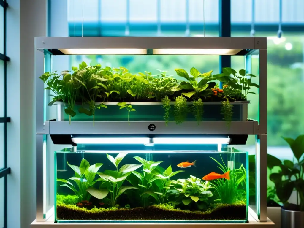 Acuaponía multinivel: sistema urbano futurista con plantas y peces en acrílico transparente y metal, en un diseño minimalista eficiente