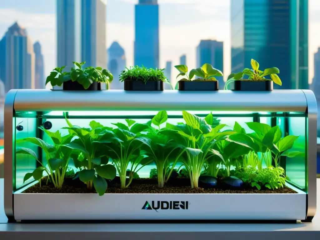 Un sistema de acuaponía urbano moderno con sensores de pH, plantas vibrantes y peces sanos en agua clara, en un entorno urbano futurista