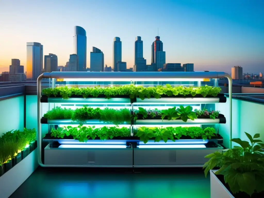 Un sistema vertical de agricultura urbana con huertos verticales, peces coloridos y vegetación exuberante, integrado en el paisaje urbano