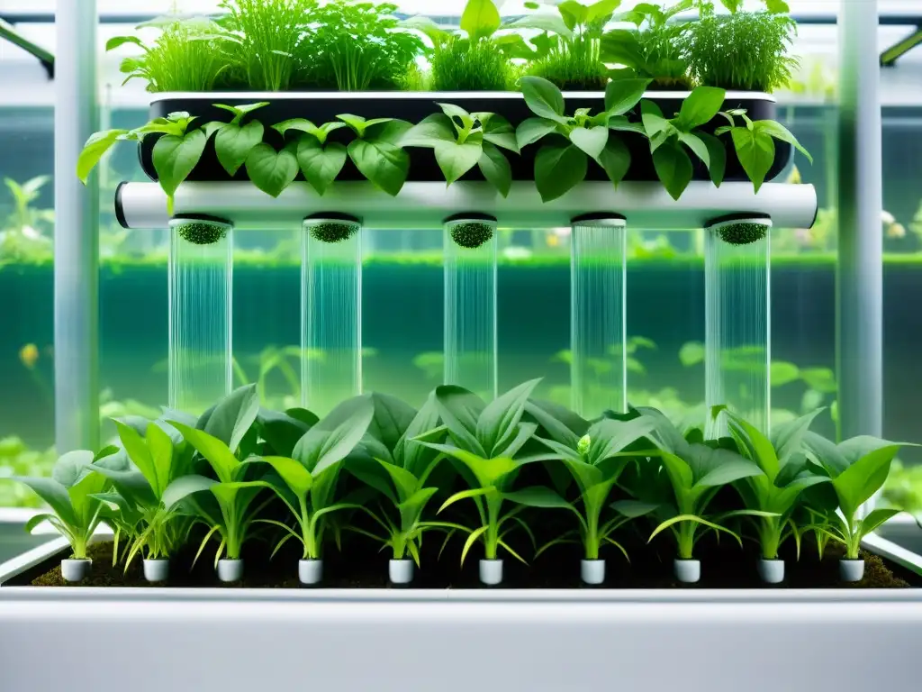 Un sistema de acuaponia vertical futurista muestra huertos verticales a largo plazo con plantas verdes vibrantes y tecnología moderna integrada