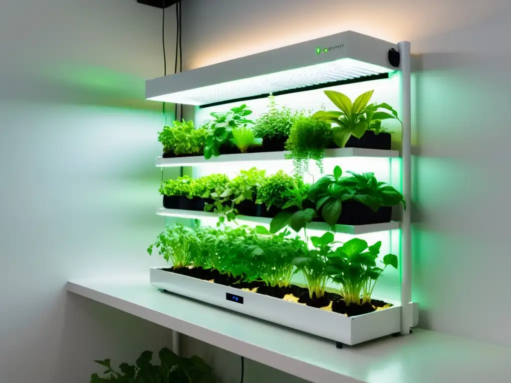 Un sistema de acuaponía vertical interior moderno con hierbas y verduras exuberantes en estantes blancos