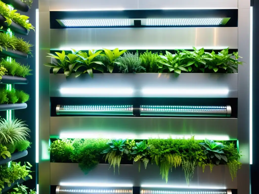 Un sistema de ventilación de última generación en un jardín vertical, mostrando el manejo de humedad para huertos verticales de forma moderna y profesional
