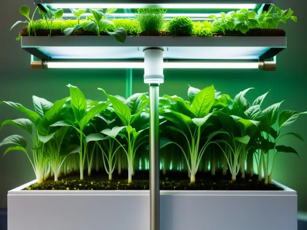 Un sistema de acuaponía vertical moderno muestra la biodisponibilidad de nutrientes con plantas vibrantes y peces saludables