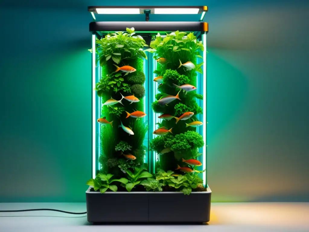 Un sistema de acuaponía vertical moderno y bien diseñado con peces y plantas exuberantes, transmitiendo armonía y bienestar en su diseño acuaponía