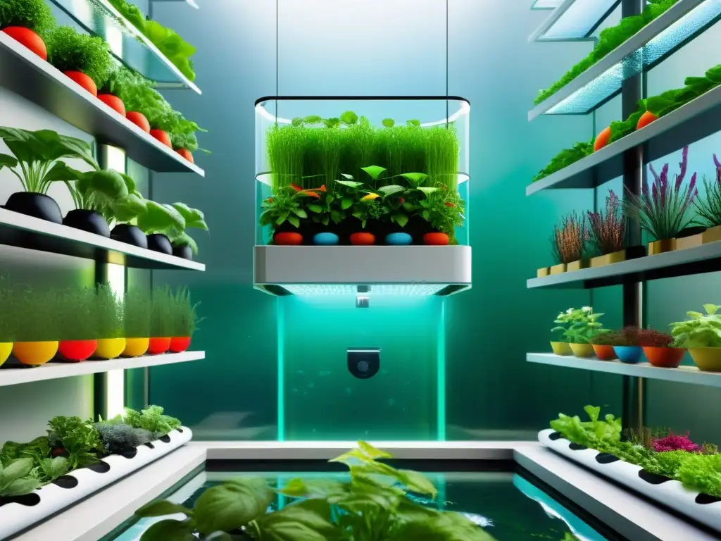 Un sistema de acuaponía vertical moderno y eficiente con peces y plantas, integrado en un entorno urbano