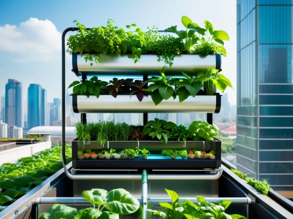 Un sistema de acuaponía vertical moderno en entorno urbano, con plantas exuberantes