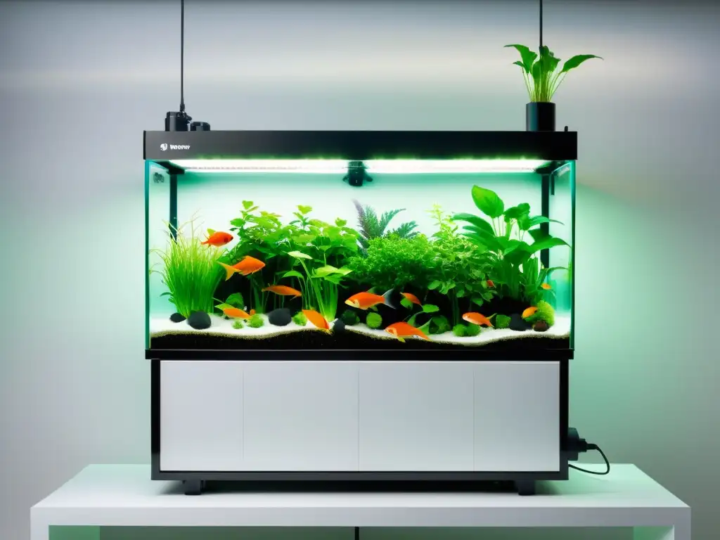 Un sistema de acuaponía vertical moderno con plantas acuáticas y peces coloridos, fusionando tecnología y naturaleza en espacios reducidos