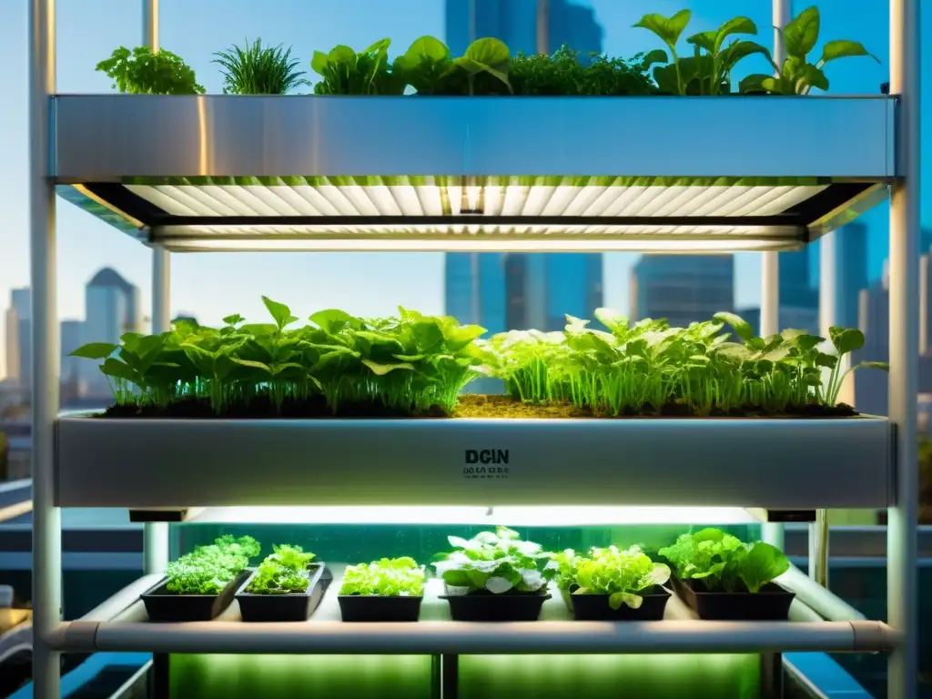 Acuaponía urbana: verduras y peces vibrantes en sistema vertical Un sistema de acuaponía vertical próspero en un entorno urbano moderno, con verduras frondosas y peces vibrantes