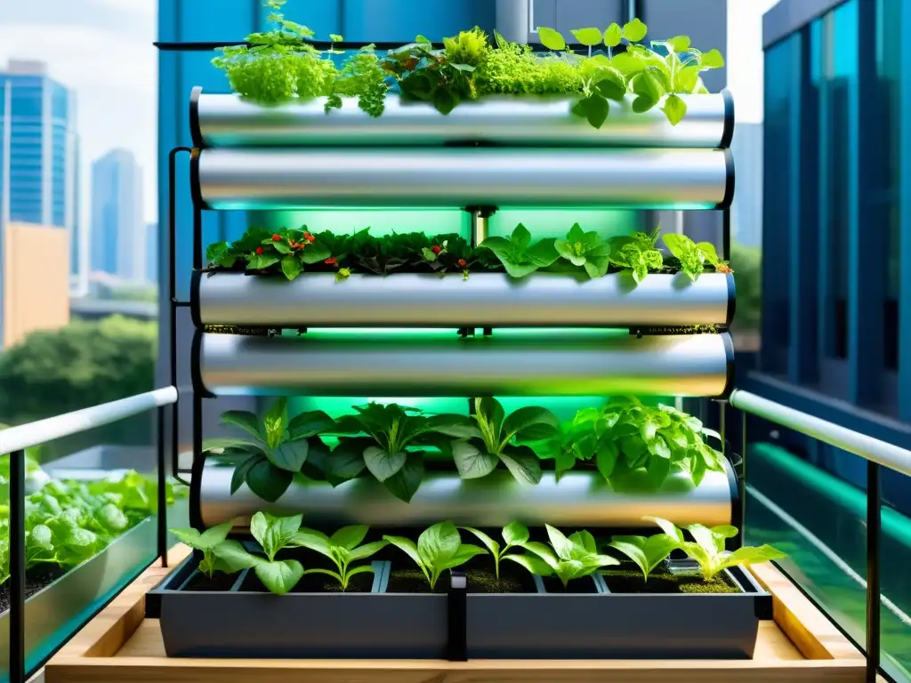 Un sistema de acuaponía vertical urbano con plantas exuberantes, diseño moderno y eficiente para maximizar la absorción de nutrientes