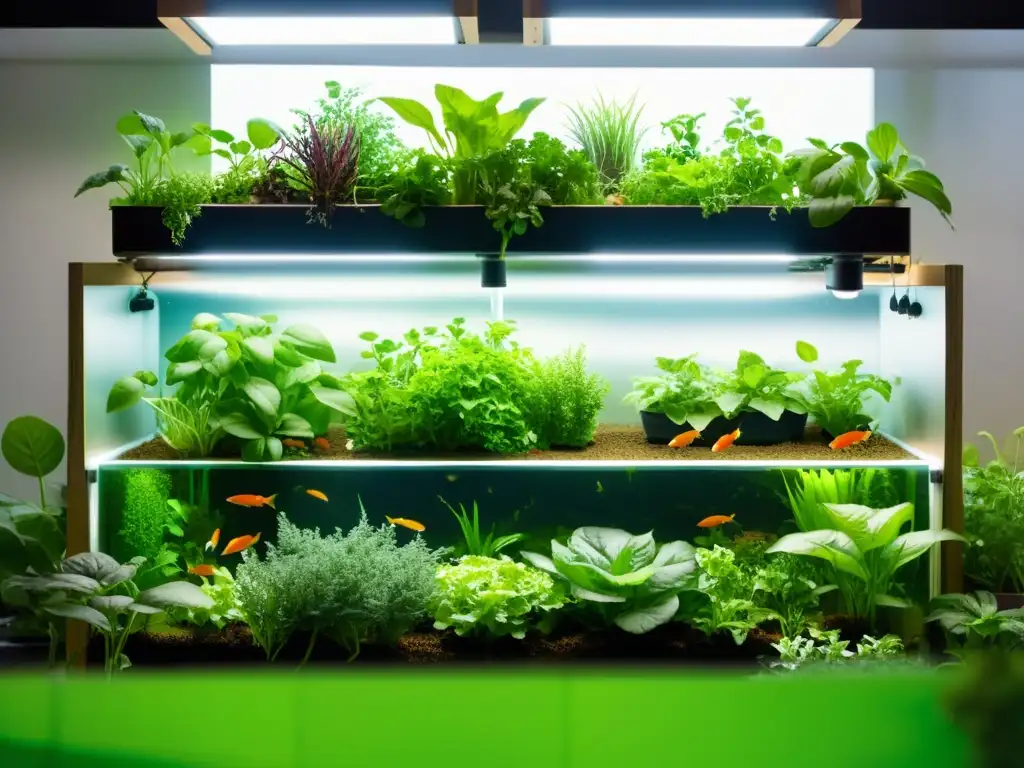 Un sistema de acuaponía vibrante en emergencia, con vegetales y peces prósperos en un entorno urbano