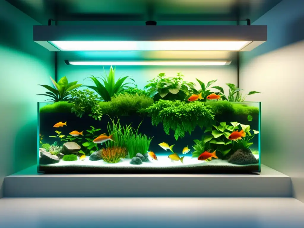 Un sistema de acuaponía vibrante y futurista con plantas exuberantes y peces coloridos, en un entorno urbano moderno