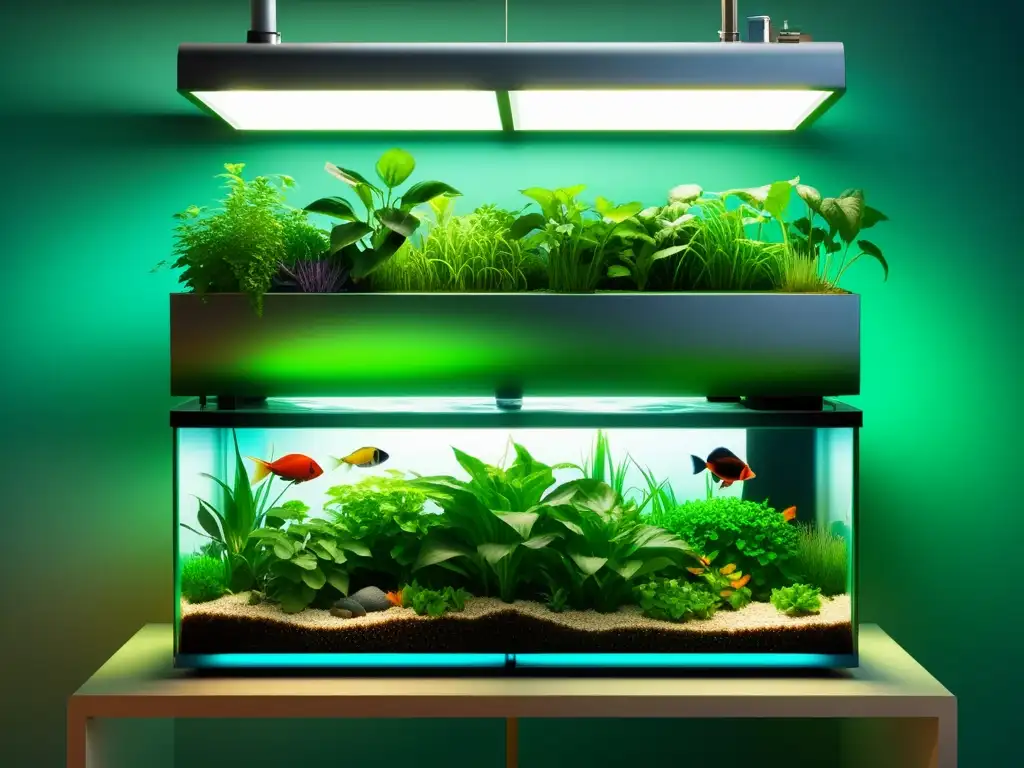 Un sistema de acuaponía vibrante y moderno, con exuberante vegetación y peces coloridos