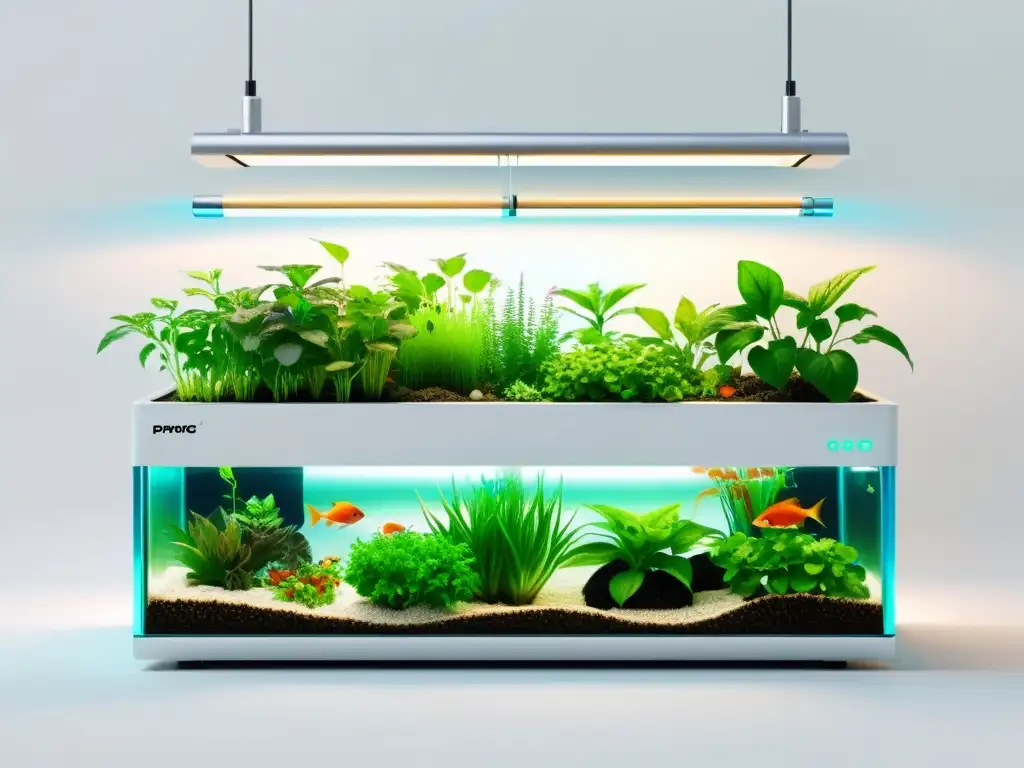 Un sistema de acuaponía vibrante y moderno con plantas exuberantes creciendo en contenedores de agua, mientras peces coloridos nadan debajo de ellas