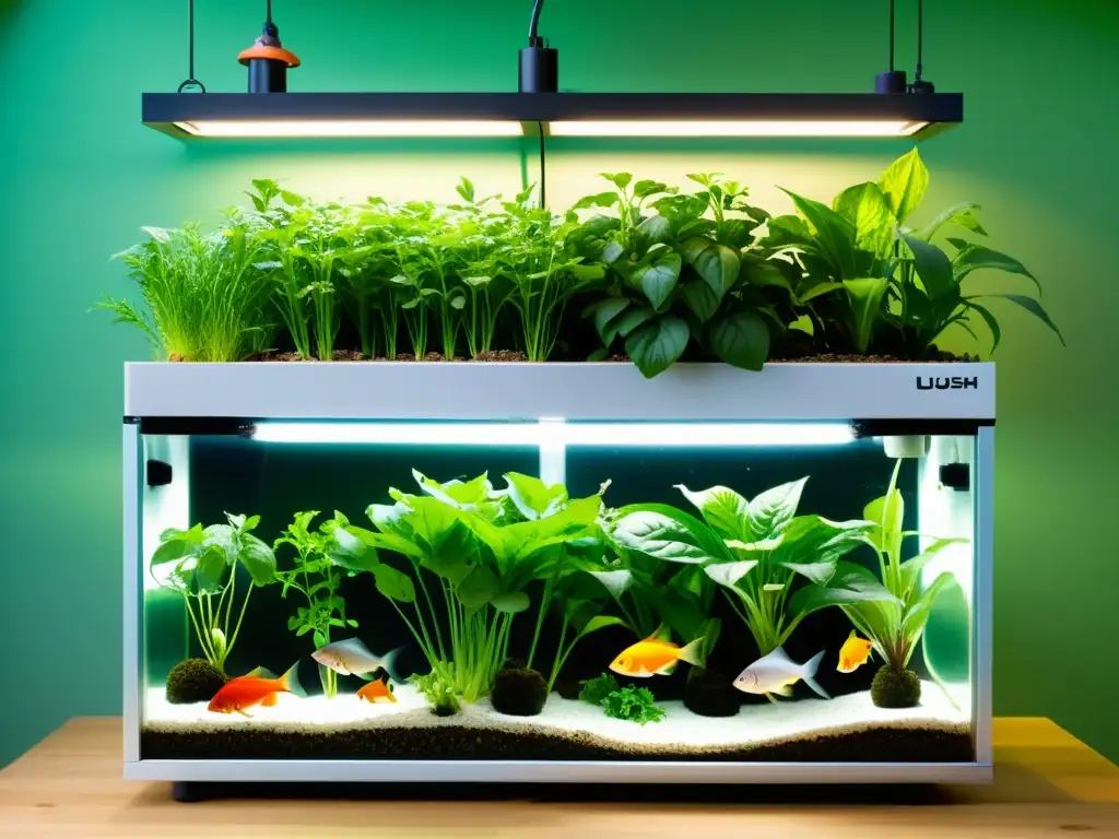 Un sistema de acuaponía urbana vibrante con plantas exuberantes y peces coloridos, mostrando la nutrición en acuaponía urbana de forma espectacular