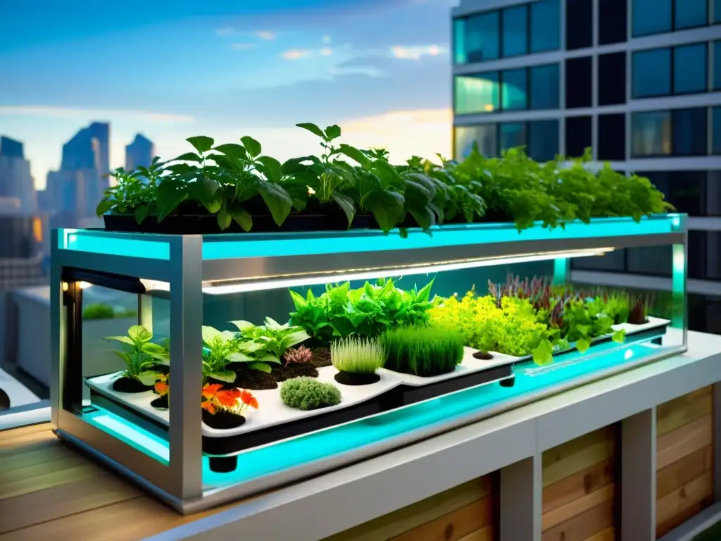 Sistemas acuaponía para agricultura urbana en jardín futurista con vegetación exuberante y diseño innovador